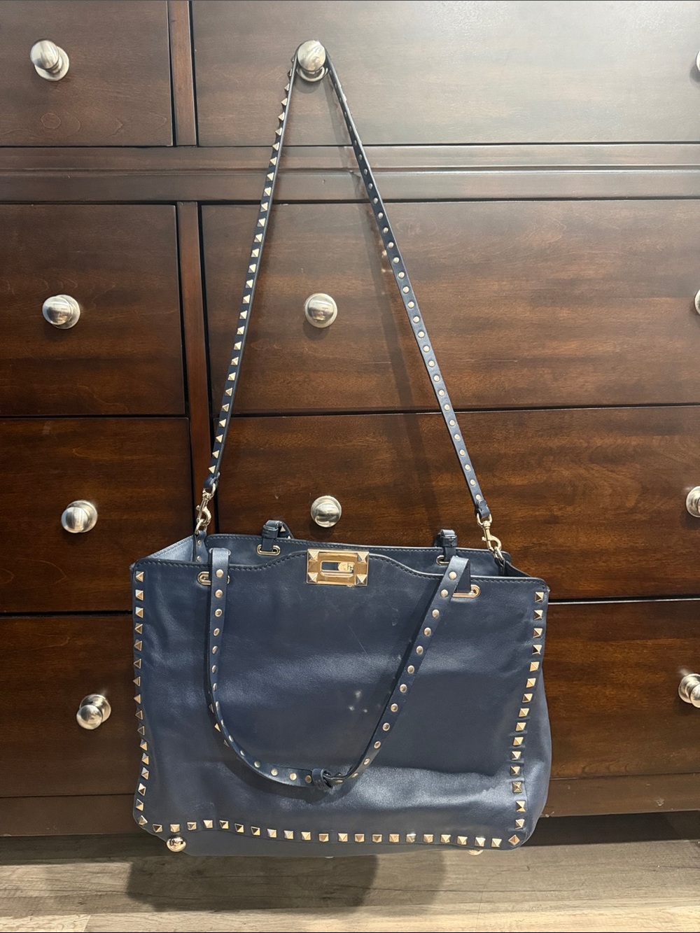 Authentic Valentino Studded Black Leather Tote Bag with Gold Hardware